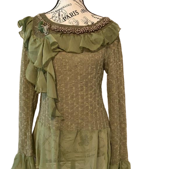 Mango Tops - Zba Women's Boho Green Blouse S Long Bell Sleeve Ruffle Neckline